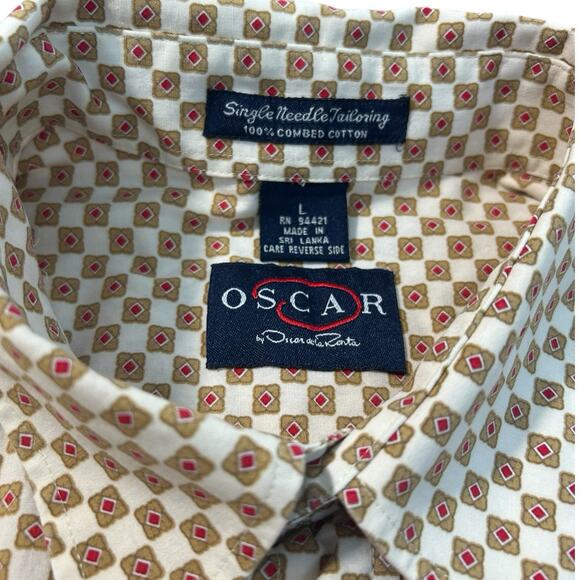 Oscar De La Renta Shirt Men L White Gold Red Retro Combed Cotton Short Sleeve - Picture 6 of 8
